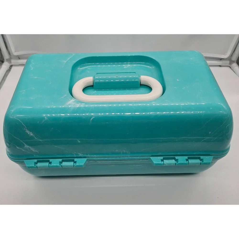 Caboodles Vintage‎ Teal Marble Swirl Carry All Cosmetic Makeup Organizer Case